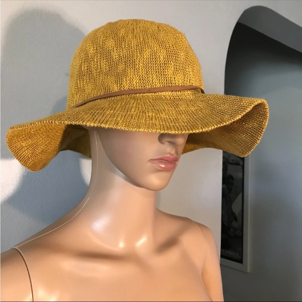 MARCUS ADLER NEW YORK Mustard Yellow Woven Knit Faux Leather Band Panama Hat